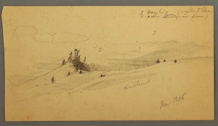Dessin, colline boisée, vallée vallonnée, soleil, janvier 1866