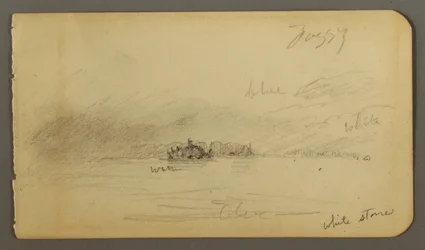 Dessin, rivage boisé dans le brouillard, peut-être 1878
