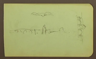 Dessin, collines, église, pont ; Verso : personnage, croix, église, 1883