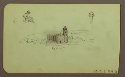 Dessin, collines, église, pont ; Verso : personnage, croix, église, 1883