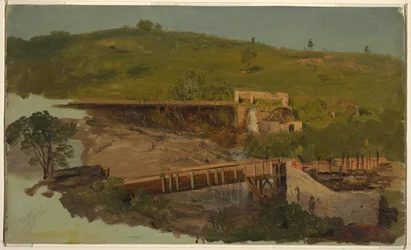 Colline avec viaducs et moulins en ruine, près de Catskill, New York