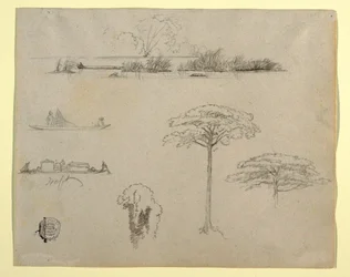 Croquis de Colombie : Paysage fluvial, hommes sur des radeaux et arbres