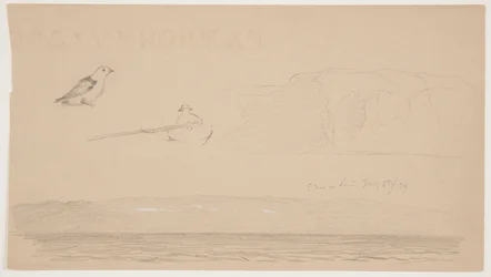 Croquis du Labrador de la neige sur la terre, homme dans un bateau et oiseau