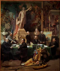 Les Délégués des Colonies en novembre 1892 De gauche à droite : Chesse (Tahiti), Mager (Diego Suarez), Dussac (Nossy-Be), de Faymoreau (Mayotte), Jules Ferry (Annam et Tonkin), Soller (Guinée française), Cudenet (Nouvelle-Calédonie). Peinture de Frédéric R