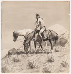 Pendant longtemps, il resta debout, un dessin pour The Way of an Indian, probablement 1900