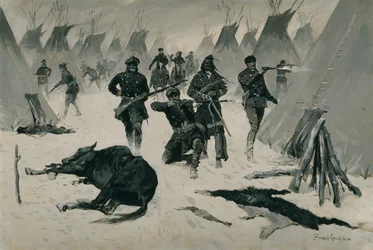 La défaite de Crazy Horse (La défaite de Crazy Horse par le colonel Miles, janvier 1877, attaque hivernale sur un village indien) c.1901, peut-être c.1896