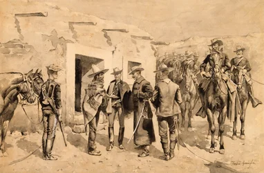 Cavalerie américaine chassant les hommes Garza sur le Rio Grande, c.1892