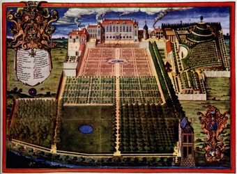 Vue du jardin royal (jardin des plantes) - dans "Description du jardin royal des plantes médicinales" par Scalberge