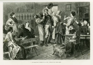 Un hirtztag, une sorte de carnaval où tout est permis pour les femmes, dans le Sundgau. Gravure pour illustrer l