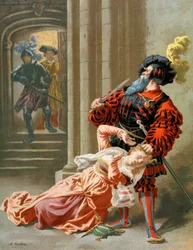 Barbe-Bleue essayant de tuer sa femme, c.1890 (illustration)