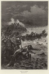 Combat de Quiberon. Partisans de la Chouannerie et du soulèvement de la Vendée tentant de fuir les forces républicaines à Quiberon, France, Révolution française