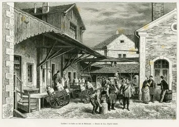 Laiterie à la Halle au lait de Mulhouse. Gravure de Lix pour illustrer le récit À travers l