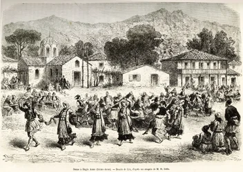 Danse folklorique sur la place du village Haggia Anna (Sainte-Anne). Gravure d