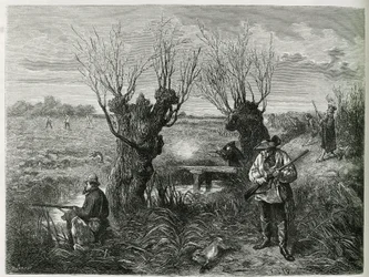 Chasse au lièvre. Gravure par F. Lix, pour illustrer l