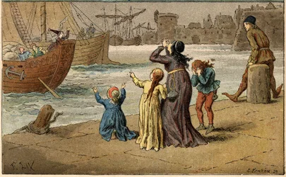 Chanson populaire : « À Nantes est arrivé ». Les enfants pleurent leur mère, emportée par un marin. Illustration (détail) de Frédéric Théodore Lix (1830-1897) dans « Chansons et rondes enfantines des provinces de la France ».