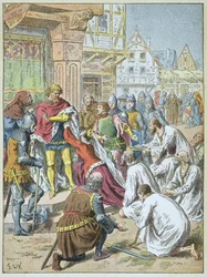 Siège de Calais par Édouard III en 1346 - 1347. La reine Philippa de Hainaut supplie son époux de gracier les bourgeois de Calais.