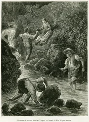 Pêcheurs de truites dans les Vosges. Gravure pour illustrer l