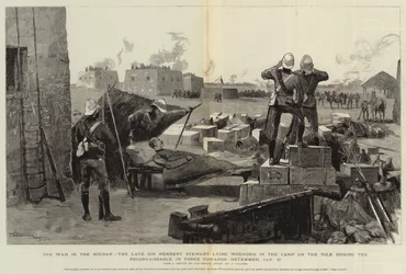 La guerre au Soudan, feu Sir Herbert Stewart blessé dans le camp sur le Nil lors de la reconnaissance en force vers Metemmeh, 21 janvier