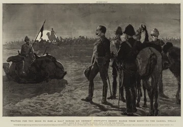 En attendant que la lune se lève, une halte pendant la marche dans le désert de Sir Herbert Stewart de Korti aux puits de Gakdul