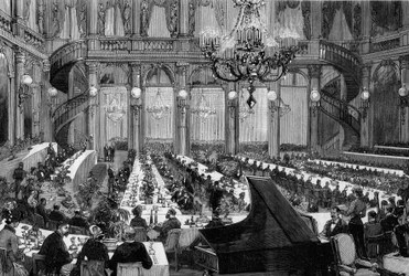 Dîner-concert dans la salle de fête du Grand Hôtel de Paris. Gravure de De Haenen dans "Le Monde Illustré" n°1250 du 12 mars 1881