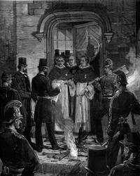 Expulsion des Dominicains de la rue de Jean de Beauvais à Paris suite aux décrets de mars 1880 pris par Jules Ferry et supprimant le droit d