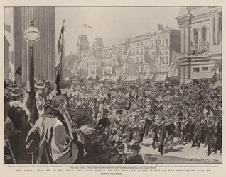 La Brigade Navale dans la ville, le Lord Maire à Mansion House regardant le défilé passer