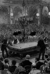 Le grand match international de billard entre M. Slosson, champion américain, et M. Vignaux, champion français, dans la salle du Zodiaque au Grand Hôtel de Paris