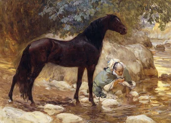 Un Arabe abreuvant son cheval près d