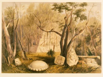 Édifice pyramidal et fragment de sculpture à Copán, illustration tirée de « Incidents de voyage en Amérique centrale, au Chiapas et au Yucatán » de John Lloyd Stephens, 1844