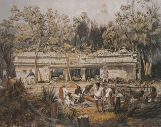 Les archéologues Frederick Catherwood et John Lloyd Stephens mesurant le temple de Tulum, Yucatán, Mexique, illustration tirée de «Vues des monuments anciens d