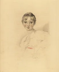 Portrait de Lucy Meredith, nièce de Sir Thomas Lawrence. Jeune fille pré-adolescente en robe blanche avec ceinture en ruban rose. Gravure colorée à la main par Frederick Christian Lewis d