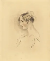 Portrait de Mary Isabella Bloxam jeune femme, nièce de Sir Thomas Lawrence. Avec ses cheveux relevés et bouclés, en robe décolletée. Gravure de Frederick Christian Lewis d