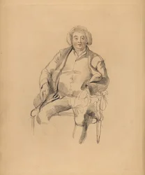 Portrait du père de Sir Thomas Lawrence, aubergiste Thomas Lawrence. Homme corpulent en perruque assis sur une chaise. Gravure à la main par Frederick Christian Lewis d