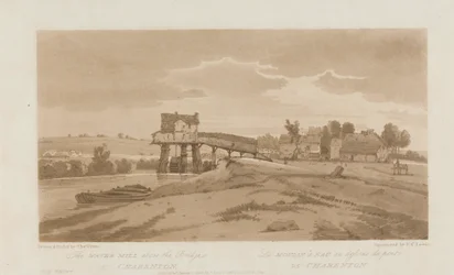 Le moulin à eau au-dessus du pont de Charenton 1803 ; Planche 20 des Vues de Paris, le volume Emmanuel traçant la planche B181.25.2629
