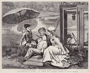 Acteurs anglais Irene Vanbrugh, John Lawrence Toole et Mary Ansell dans une production de la pièce de J M Barrie Walker, Londres, au Toole