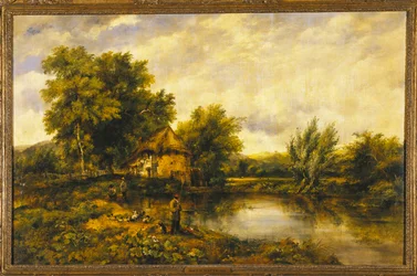 Paysage fluvial avec un pêcheur près d
