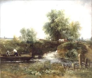 Rivière avec chevaux traversant et esquif