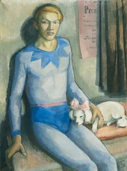 Un arlequin avec son chien