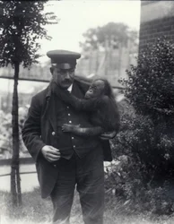 Gardien Z. Rodwell tenant un jeune orang-outan au zoo de Londres, octobre 1913