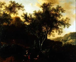 Paysage lacustre italianisant avec des voyageurs sur un chemin