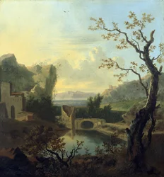 Paysage italianisant avec un pont fortifié en ruines