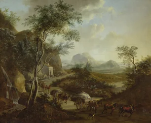 Paysage avec un convoi de chevaux et de charrettes
