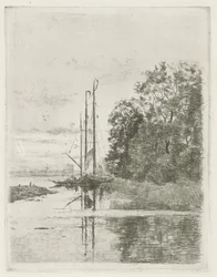 Vue de rivière avec deux bateaux et une barque