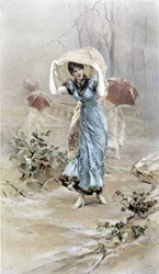 Femme se protégeant de la pluie - allégorie du début de l