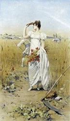 Femme avec du blé et des coquelicots - allégorie de la fin de l