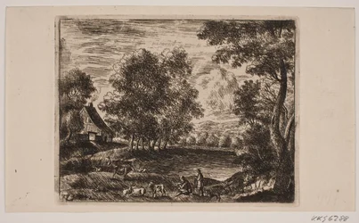 Paysage. Au premier plan, des chèvres et des bergers