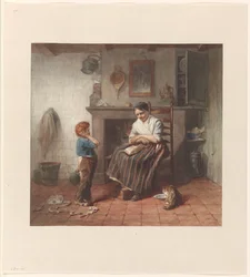 Intérieur avec un garçon, un cerf-volant et une femme