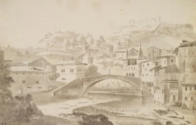 Vienne, près de Lyon. Pont Saint-Martin sur la rivière Gère. À gauche, Prieuré de Saint-Martin, à droite, Porte de la Rochette et château Pipet