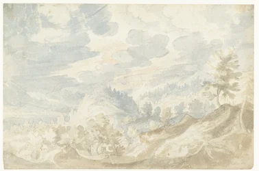 Paysage montagneux avec vue sur une vallée (du Danube ?) et un clocher