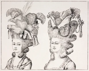 Filles françaises du XVIIIe siècle portant des coiffures et des chapeaux extravagants, 1875